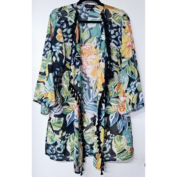 NWOT Melissa Paige Womans Green Blue Floral Sheer Long Swimsuit Cover Up Wrap - Picture 1 of 4